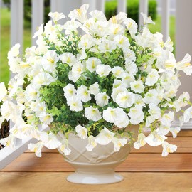 Artificial Flowers for Outdoors 12 Bundles Realistic Faux Plants UV Resistant Fake Silk Morning Glory with Eucalyptus for Front Door Planter Patio Porch Outside Spring Summer Decoration (White)