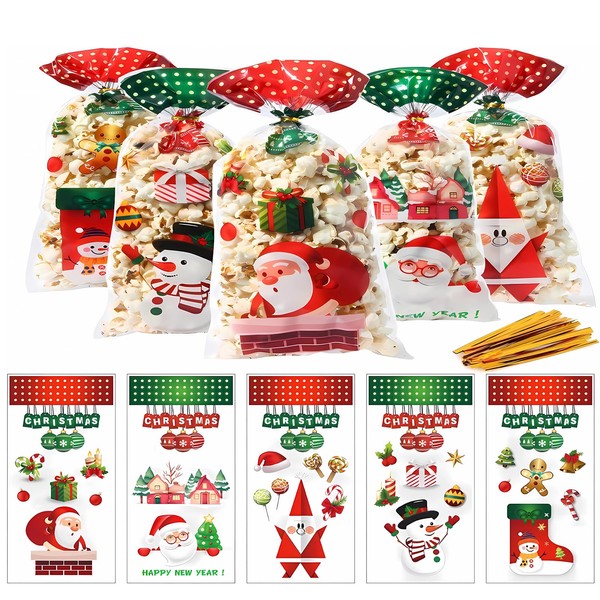 ZHOUHON Pack of 100 Christmas Cookie Bags, Transparent Christmas Cellophane Bags and 120 Pieces Gold Ribbon, Christmas Bags for Filling, Small for Sweets (Christmas-2)