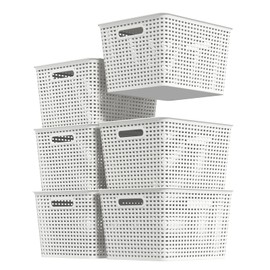 Qskely 6-Pack Large Plastic Storage Baskets with Lid, White