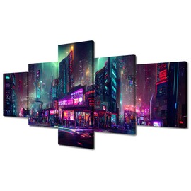 Canvas Wall Decor Artwork Modern Multi Panel Poster Cyberpunk City Shopping Center Picture Prints on Canvas for Cool Boy Living Room Bedroom Wall Canvas Decor Stretched and Framed to Hang 50x24 Inch