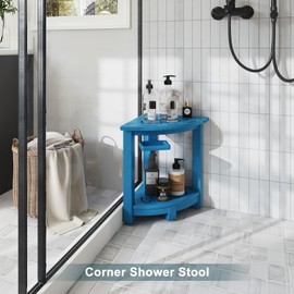 nalone Corner Shower Stool, HDPE Shower Bench for Inside Shower, Small Shower Chair Seat for Shaving Legs with Storage Shelf, Soap Box and No-Slip Feet (Navy Blue)
