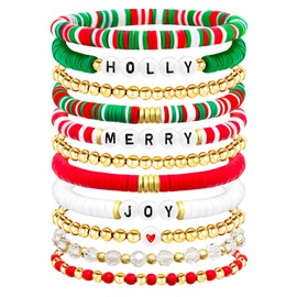 Ronglry Christmas Bracelets for Women Christmas Bracelets Bulk Heishi Surfer Clay Bead Bracelet Set Cute Xmas Beaded Stretch Bracelets Xmas Jewelry Gifts-11pcs