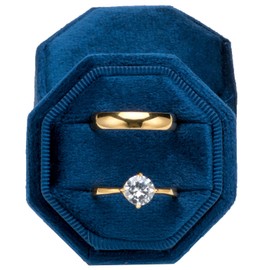 POKOFO Premium Velvet Ring Bearer Box for Proposal Engagement Wedding Ceremony - Equilateral Octagon Vintage Double Ring Display Holder with Detachable Lid (Dark Blue)