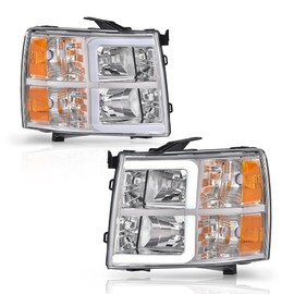 GRAND ORANGE LED DRL Tube Projector Headlights w/o Bulbs Compatible with Chevy Silverado 1500 2007-2013/Fit Silverado 2500 HD 3500 HD 2007-2014 Clear Lens Chrome Housing Amber Reflector