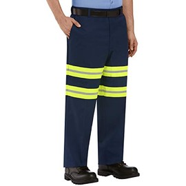 Red Kap Men's Stain Resistant Enhanced Flat Front Work Pants, Navy with Yellow/Green Visibility Trim, 34W x 32L