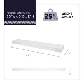 HIGH & MIGHTY 515663 Modern 36" Floating Shelf Holds up to 25lbs, Easy Tool-Free Dry Wall Installation, Flat, eCommerce Packaging, White