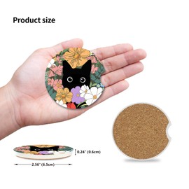 Cute Black Cat Car Coasters for Drinks Absorbent, 2 Pack Cup Holders, 2.56" Ceramic Stone & Non-Scratch Cork Base Coasters, Auto Accessories for Women & Men