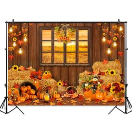 Mocsicka Fall Backdrop Fall Thanksgiving Landscape Window Rustic Wooden Backdrop Pumpkin Harvest Themed Thanksgiving Party Decorations Photo Booth Props (7x5ft)