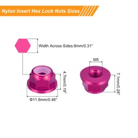 QUARKZMAN Nylon Insert Hex Lock Nuts - M5 x 0.8 mm Aluminium Alloy Self-Locking Nut Anodizing Flange Locking Nut for Fasteners (Pink)