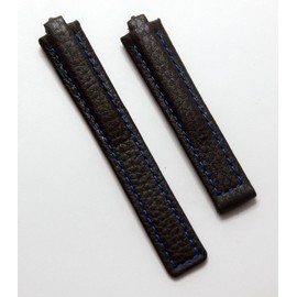 Watchstrapworld Black Buffalo Grain leather deployment watch band with blue stitching to fit TAG Heuer Kirium Ladies watches as listed