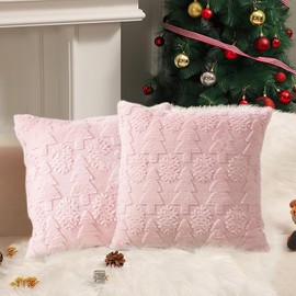 SEGXCFL Christmas Pillow Covers 18x18 inch Set of 2, Decorations Pink Christmas Tree Cute Soft Plush Faux Fur Luxury Throw Pillow Covers for Cough Sofa Holiday Festivals Winter Home Decor