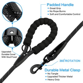 Plutus Pet Long Rope Dog Leash with Comfortable Padded Handle, Reflective Nylon Heavy Duty Rope Leash, 50FT for Small Medium Large Dogs (Black)