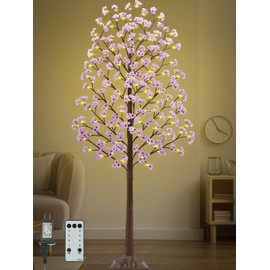 7FT Cherry Blossom Tree with 144 LED Lights, 432 Lush Pink Flowers, Artificial Lighted Cherry Blossom Tree with Remote 8 Modes, Timer for Spring Wedding Party Valentines Indoor Outdoor Decoration