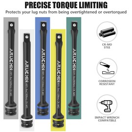 ARUCMIN 1/2" Drive Torque Limiting Extension Bar Set, 5-Piece Lug Nut Torque Stick Set With 8 Inch Color-Coded 65 to 140 Ft-Lbs Torque Sticks