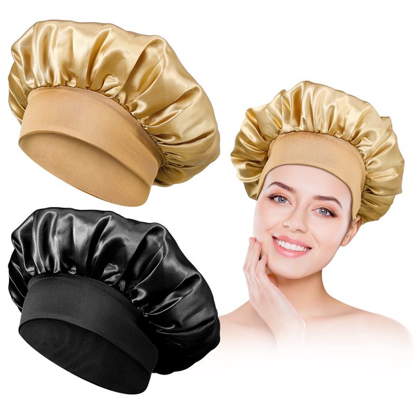 Pack of 2 Satin Bonnet Night Sleep Hat, Adjustable Sleeping Cap, Headwear, Headwear, Sleep Cap, Silk with Elastic Band for Women and Girls Sleeping