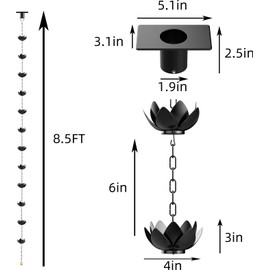 Wellrain Rain Chain for Gutters Outside 8.5ft Downspout Replacement with 12 Cups Heavy-Duty Black Metal Rain Catcher Divert Rainwater for Gardens Patios & Home （2-Pack）