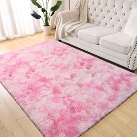 Terrug Fluffy Area Rugs for Living Room Bedroom, 3x5 Feet Tie-Dyed Pink Shag Large Rug Fuzzy Throw Carpet, Anti-Skid Modern Indoor Shaggy Rug for Boy Girls Kids Nursery Room Dorm Home Decor