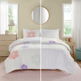 Urban Habitat Kids Twin Duvet Cover Set for Girls, Tufted Chenille Floral Duvet Set Twin, Lightweight Polka Dot Duvet Reversible Bedding Cover, Sham, Pillow, Gracie, Twin White/Purple 3 Piece