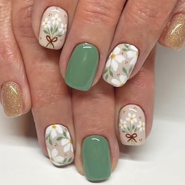 Flowers Press on Nails Short Almond French Tip Fake Nails with Glue Blue Pink Flowers Design Acrylic Nails Glue on Nails for Women DIY Nail Salon Party Nail Decoration 24Pcs