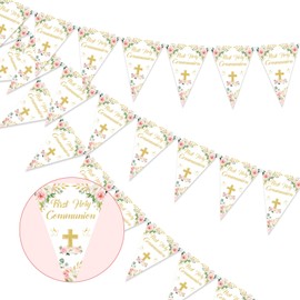 Jollyboom First Holy Communion Decorations for Girls Pink, 3 Pack First Holy Communion Banners, 36pcs Pre-Strung Baptism Flag Bunting Confirmation Decor for Girls First Holy Communion Christening Day