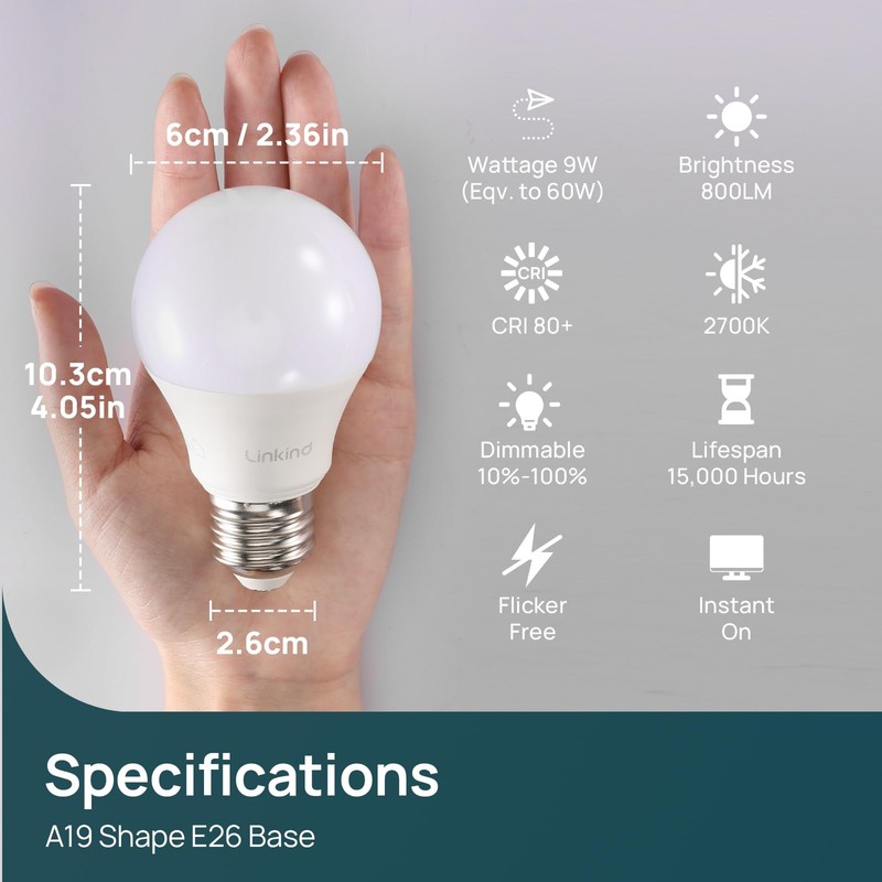 Linkind A19 LED Light Bulbs Dimmable, 60W Equivalent, Energy Efficient