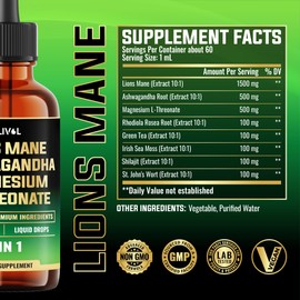 8in1 Lions Mane Liquid Drops with Ashwagandha Root, Magnesium L-Threonate & 5 Herbs - Mood Balance, Brain Health, Immune - 60 Days Supply - 2Fl oz