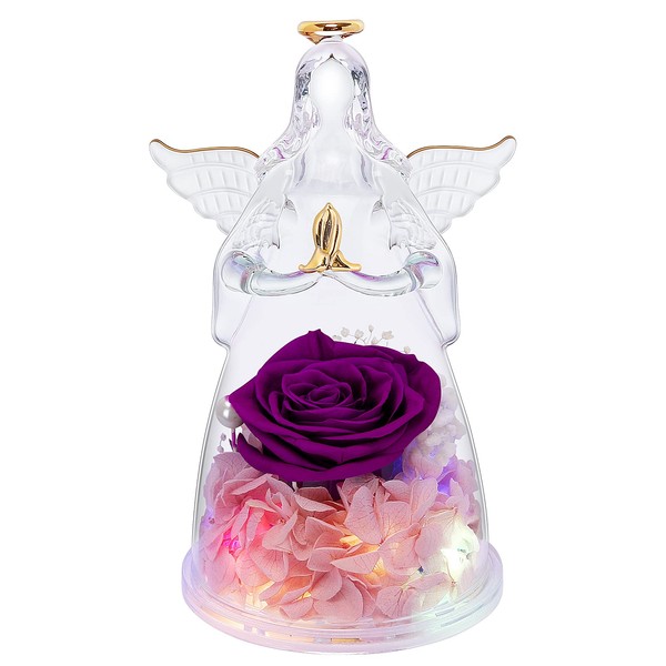 Women Gifts For Valentines Day,Preserved Purple Rose Gifts For Mom,Glass Angel With Real Rose Birthday Gifts For Women,Light Up Angel Rose Gifts For Wife,Angel Figurines Gift for Women Anniversary