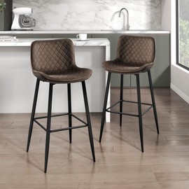 Lexicon Bar Stools Set of 2, Bar Height Stools for Kitchen Counter, Kitchen Bar Stools with Backs, Tall Barstools with Black Metal Finish and Brown Velvet Cushion Seat, 29''SH
