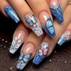 French Press on Nails Butterfly Fake Nails Long Coffin False Nails Flower Stick on Nails Blue Glue on Nails Glossy Acrylic Nails Full Cover Artificial Nails Reusable Nails Kit for Women Girls 24Pcs