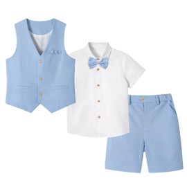 LOLANTA 4PCS Page Boy Outfit, Boys Wedding Suit, Kids Gentleman Waistcoat Shorts Suit Set, Linen Summer Waistcoat Set, Christening Ceremony Prom Birthday Partywear, SkyBlue, 11-12 Years, 160