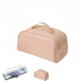 Travel Makeup Bag Large Capacity Cosmetic PU Leather Bags for Women Waterproof Portable Pouch Toiletry Bag Make up Organizer with Divider and Handle,Nice Gift for Girls (Pink With Face Wash Headband)