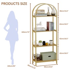Kogven Bookshelf Arched Bookcase, Industrial 4-Tier Open Book Shelves with Metal Frame, 72" Tall Freestanding Storage Display Rack for Home Office, Living Room, Gold & Nature Wood, Easy Assembly