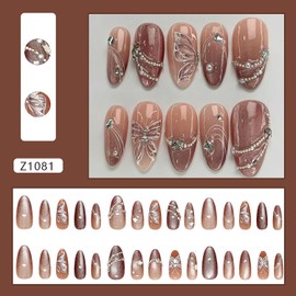 EYZOTSF Press on Almond Nails Medium Length Glossy Full Cover Acrylic Almond Shaped False Nails with Designs Artificial Fake Nail with Charms Glue Stick ons Fingernails for Women Girls(Z1081)
