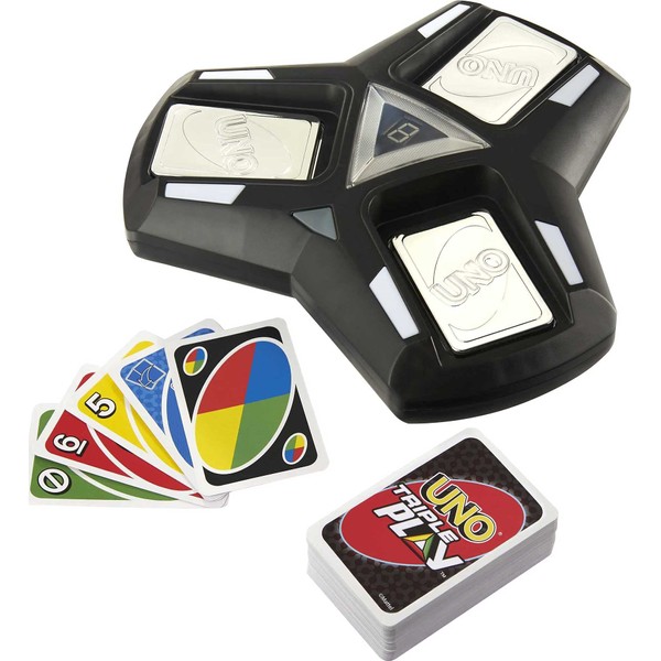Mattel Games UNO Triple Play Card Game for Family Night with 3 Discard Piles, Lights & Sounds, Special Stealth Mode