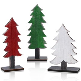 Meooeck 3 Pcs Rustic Christmas Decor Tabletop Christmas Tree Decorations Farmhouse Wood Trees Wooden Tree Centerpieces for Tables Rustic Xmas Decor with Rectangular Base for Home(Green, White, Red)