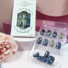 24Pcs Stars Press on Nails Starry Sky Stick on Fingernails Milky Way Acrylic Short Square Fake Nail Glossy Blue Gradient False Nails Universe Gel Glue on Nail for Coquette Women Girls