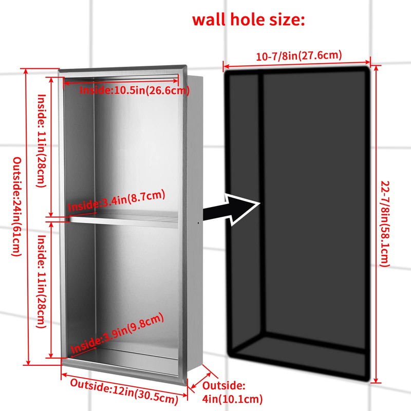 Sanbege 12"×24" Shower Niche with Divider, Brushed Stainless Steel Bathroom