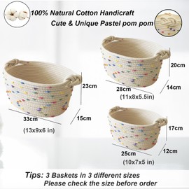 Esme L&H Small Woven Rope Storage Baskets for Organizing, Set of 3 Small Decorative Basket Organizer for Storage, Cute Rainbow Storage baskets, bins, Box for Baby nursery,Toys, Shelves, Closet...