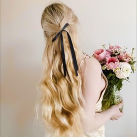 VOBOBE 4PCS Hair Bows for Women Girls, Black Tassel Ribbon Bowknot Hair Clips Barrettes for Girl with Long Tail, Solid Satin Hair Accessoriess (Black)