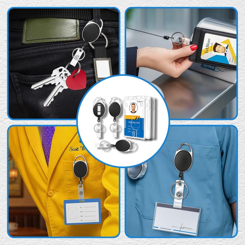 6 Retractable ID Card Holder Set with 3 Extendable Clips