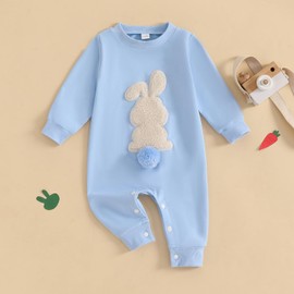Nicoxijia Newborn Baby Girl Boy Easter Outfit Embroidery Bunny Tail Rompers Jumpsuit One Piece Bodysuit Romper Cute Clothes (Blue, 3-6 Months)