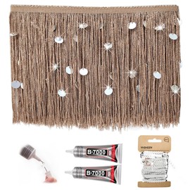 Yhsheen - Franja brillante de color café claro con lentejuelas brillantes, ribete de flecos de 2 x 7.8 pulgadas de largo por el patio con pegamento B7000, borlas para manualidades para coser ropa