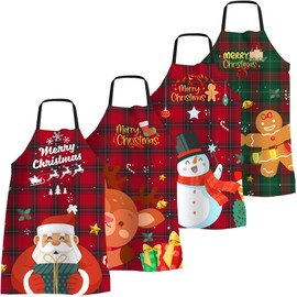 4 Pack Funny Christmas Kitchen Aprons for Women Men Adjustable Cooking Chef Aprons Waterproof Plaid Bib Aprons Cute Xmas Party Aprons Gift for Bakers Wife Husband Family, Plaid