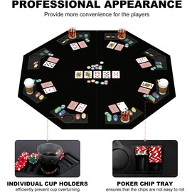 48 Inch Foldable Poker Table Top for 8 Players, Octagon Poker Table Topper with Chips Tray & Cup Holders, Professional Texas Hold’em Poker Table Mat Layout with Carrying Bag for Card Casino Games