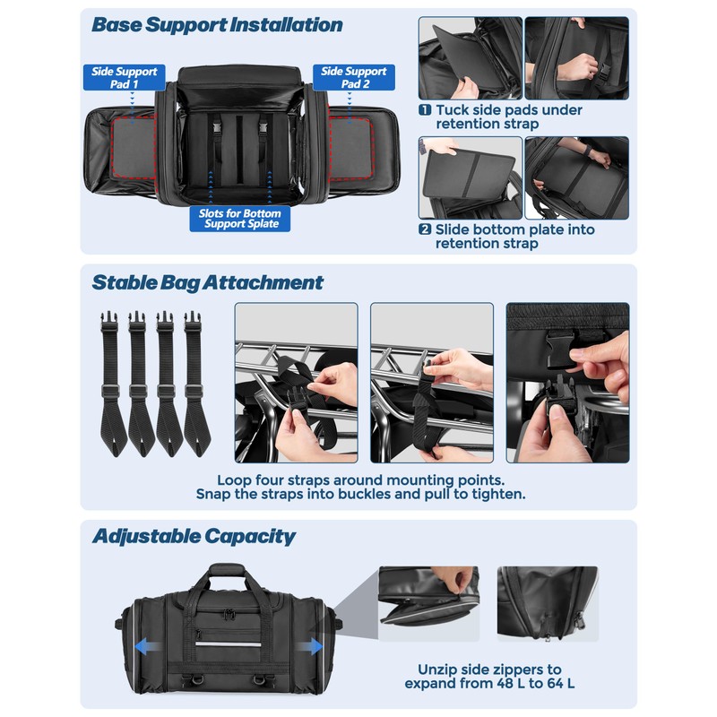 Marscamd Waterproof Motorcycle Tail Luggage Bag, 48L-64L Expandable, a Rain