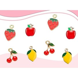 The Slippery Pearl Fruit Charms Gold Enamel Food Pendants Apple Cherry Lemon Strawberry Jewelry 4pc