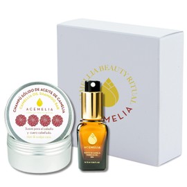 Beauty ritual for hair with camellia oil contains a solid shampoo and a 10 ml bottle of organic camellia oil