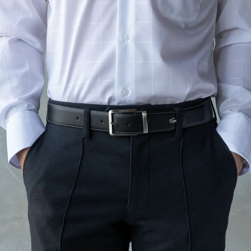 Lacoste 84660 Men's Genuine Leather Belt [01] Black, 01: Black