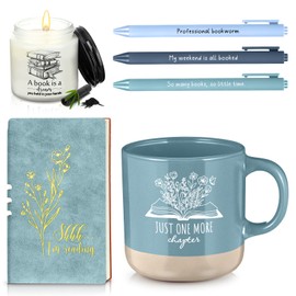 Baderke Book Lover Gift for Women Men 6 Pcs Bookish Reading A6 Notebook Ballpoint Pen Ceramic Cup Candle Back to School Set for Book Bookworm Reader Librarian Student Teacher Birthday Gift Club(Blue)