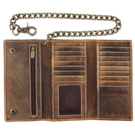 F&L CLASSIC RFID Blocking Mens Tri-fold Long Style Cowhide Leather Steel Chain Wallet,buffalo wax vintage leather,212 wax brown W/white stitching